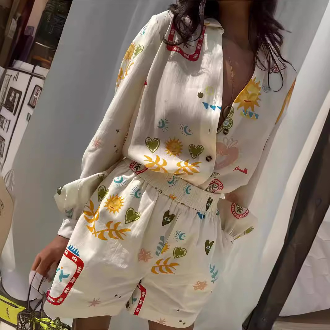 Romper Floral Print - 여성 캐주얼 신축성 허리밴드 2피스 세트