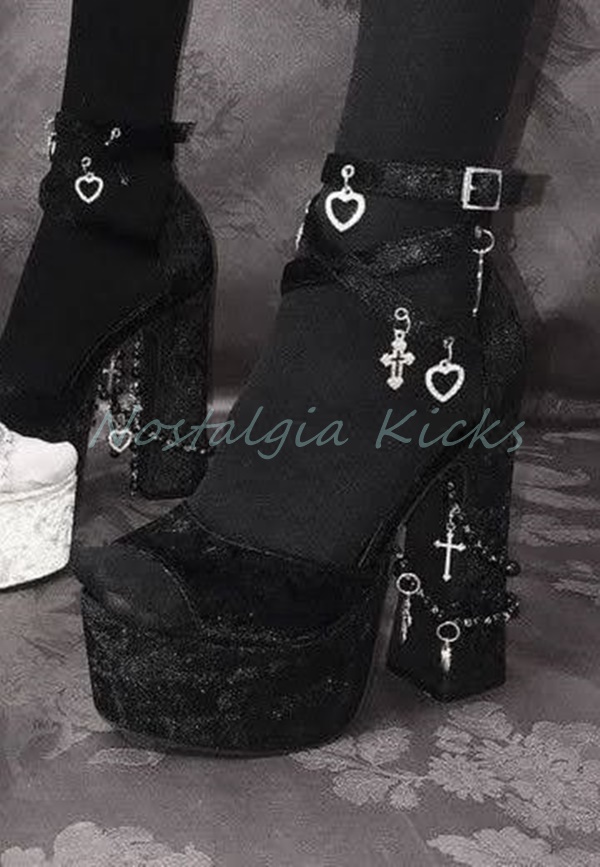 Sandal Strappy Heeled - 고딕 블랙 벨벳 플랫폼 하이힐 샌들