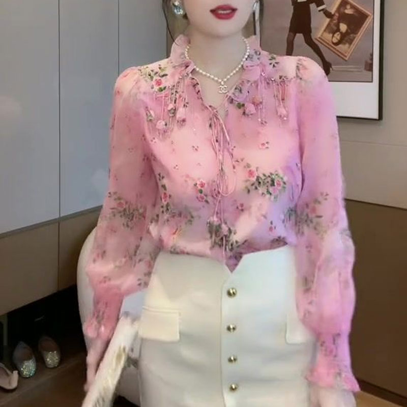 한국어 깨진 꽃 인쇄 블라우스 패션 술 3 차원 장식  - Romper Floral Print 리뷰 및 가격
