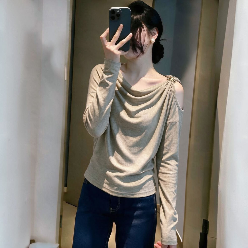 여성용 슬림핏 긴팔 상의, 드레이핑 네크라인, 오프숄더 - Blouse Off Shoulder 리뷰 및 가격