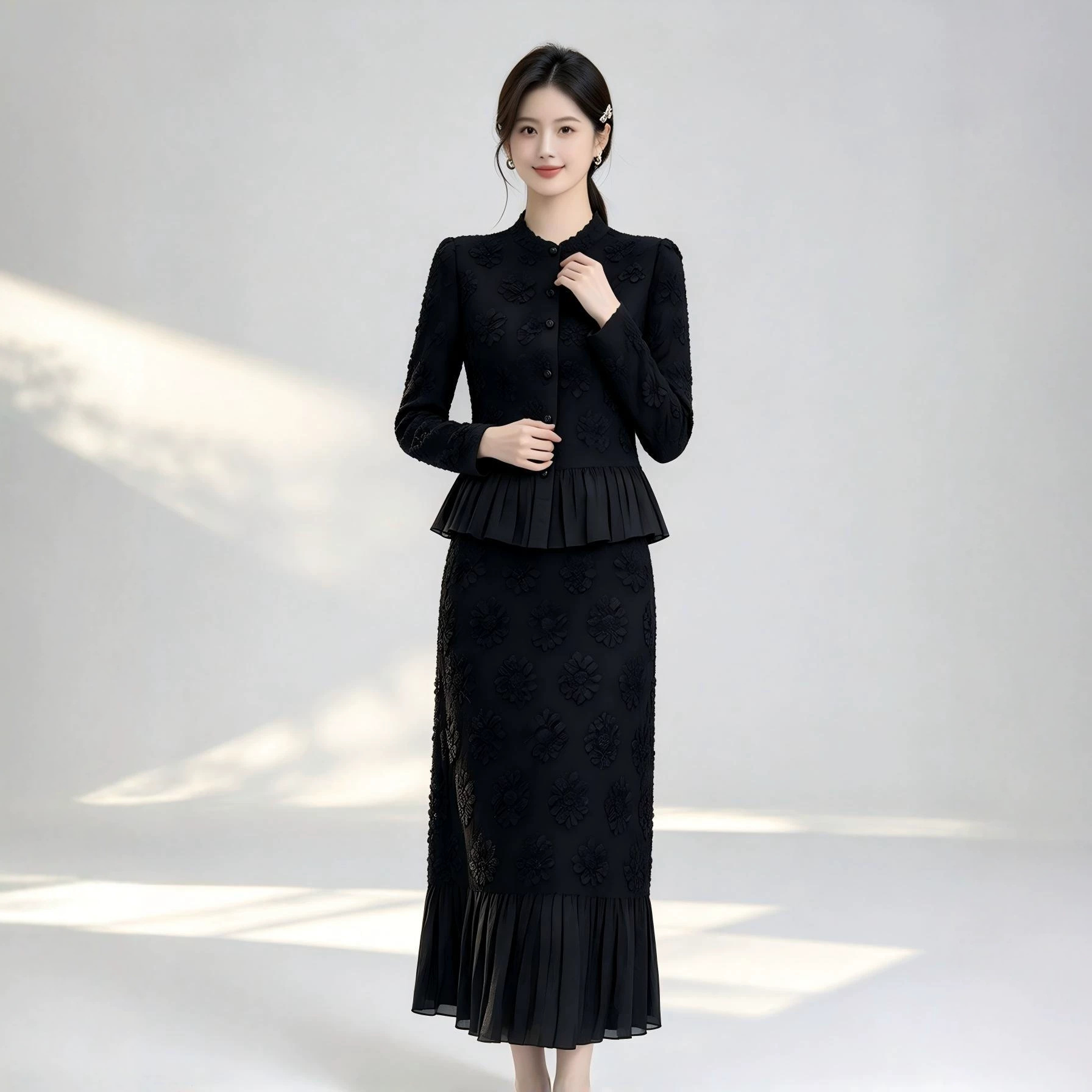 미야케 여성용 플로럴 자수 스커트 세트, 긴팔 러플 상 - Midi Skirt Floral 리뷰 및 가격
